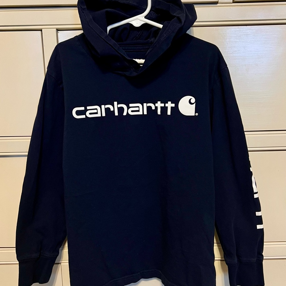 Carhartt Boys Navy Hooded Long Sleeve Shirt with White Logo